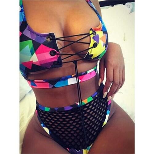 Hot 2018 Summer sexy bandage bikini set print Vintage swimwear Women swimsuits Lace up padded High waist mesh Hollow Beach Wear