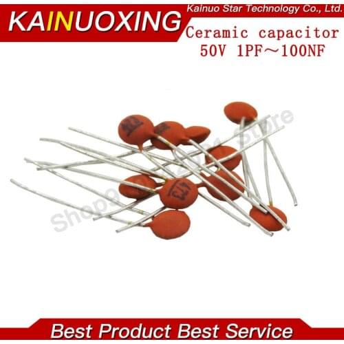 100pcs Ceramic capacitor 50V 1pF ~ 100nF 0.1uF 104 4.7PF 10PF 22PF 33PF 47PF 100PF 101 220PF 10NF 330PF 470PF 1NF 103 47NF 473