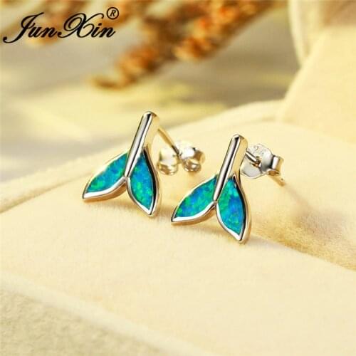 White Gold Filled Blue White Fire Opal Earrings Mermaid Tail Stud Earrings For Women Men Wedding Studs Fishtail Ear Jewelry