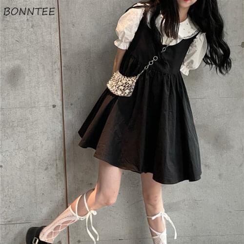 Set Women Lace Cute Embroidery Peter Pan Collar Summer Harajuku Ruffles Short Puff Sleeve Preppy Solid A-line Mini Teen Girls