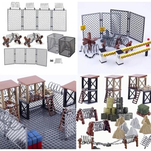 BRICKPANDA WW2 Military Sentry Port Building Blocks Base Bared Wire Sence Accessories Fence Oil Drum Figures Special Force Toys