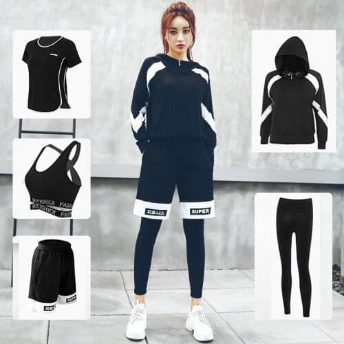 Korean sports suit 5 pieces yoga sets letter bra+t shirt+coat+shorts+pants sports wear for women gym clothing workout clothes