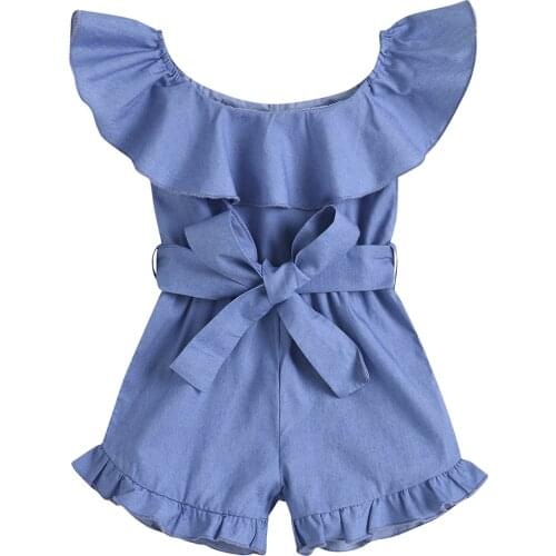 3-7Yers Girl’s Summer Casual Boat Neck Jumpsuit Fashion Solid Color Bandage High Waist Short Pants