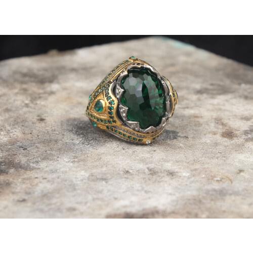 925 Sterling Silver Emerald Gemstone Men Silver Ring, Green Micro Zircon Stone Silver Ring For Men, Vintage Men Ring