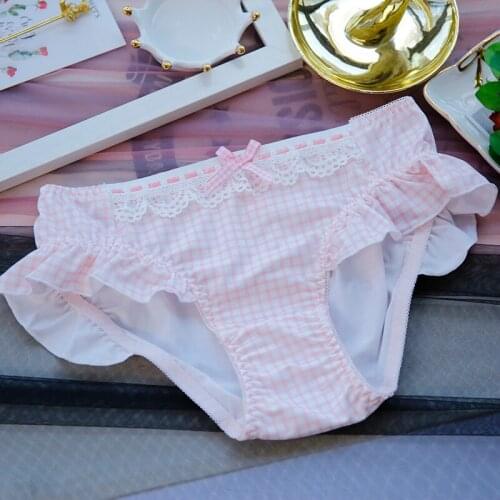 Pink Chequered Medium and Low Waist Girl Underwear Lovely Milk Silk Lady Triangle Trousers Cotton Bottom Crotch string majtki
