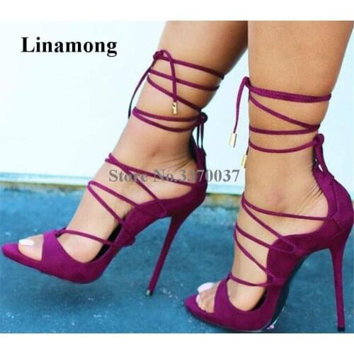 Women Summer Fashion Open Toe Suede Leather Stiletto Thin Heel Gladiator Sandals Ankle Strap Lace-up High Heel Sandals Club Shoe