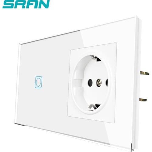 SRAN Touch Sensor Switch With Socket Crystal Glass Panel 153*82mm 220V 16A Wall Socket With Light Switch 1Gang 1Way F6C1D1001