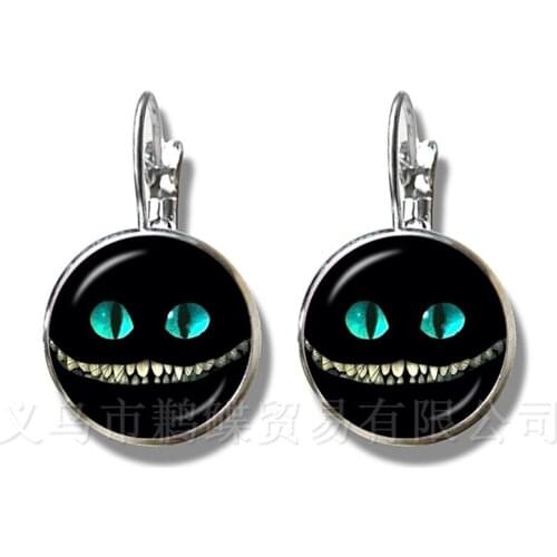 Alice In Wonderland Earrings Cheshire Cat 16mm Glass Round Dome DIY Jewelry Silver Plated Stud Earrings For Women Gift
