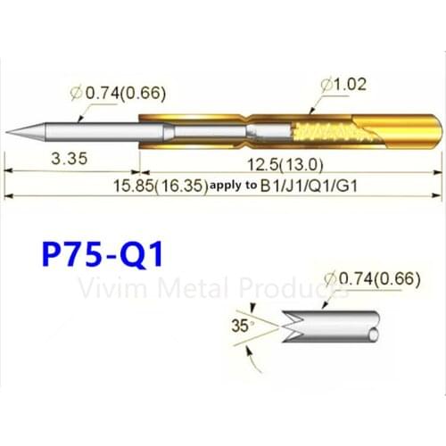 100 Pcs P75-Q1 Brass Spring Test Probe Nickel Plated Needle Head Test Instrument Accessories Length 16.5mm for Electronic Tools