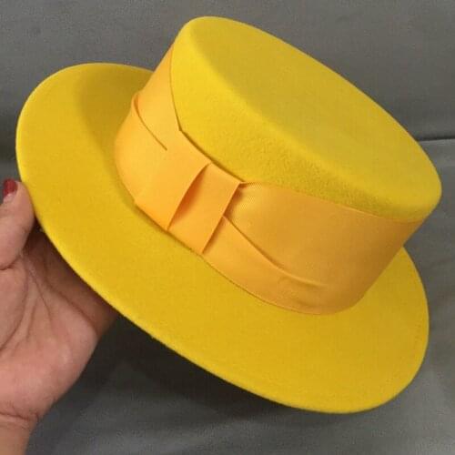 New Fashion Yellow Felt Hat Women Winter Hat Ladies Short Wide Brim Fedora Wool Hat Ribbon Band Ladies Party Wedding Church Hat
