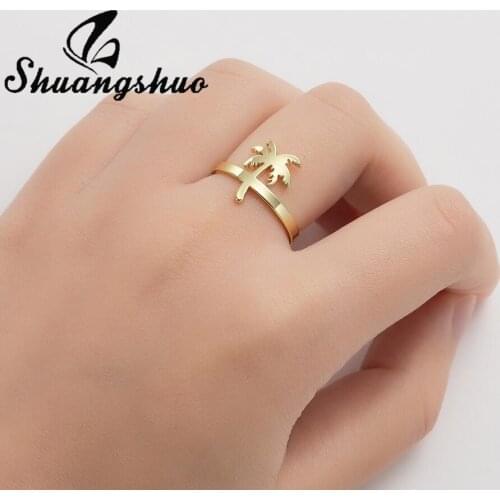 Shuangshuo Simple Fashion Adjustable Palm Tree Stainless Steel Rings for Women Coconut Tree Travel Ring Best Friendship Gift