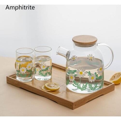 Nordic Daisy Transparent Glass Water Bottle Kitchen Net Juice Drink Milk Bottle With Lid Reusable Drink Tea Bottle Home Decor