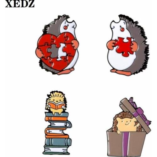 XEDZ cute hedgehog reading gift box love stitching badge enamel brooch fun couple cartoon animal backpack lapel brooch gift