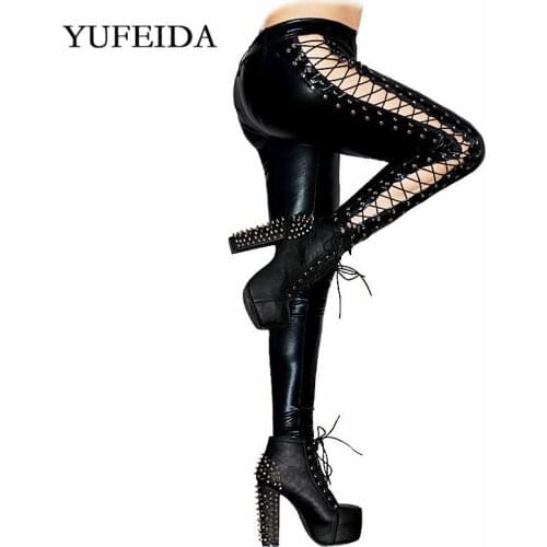 Women Long Pants Faux Leather Pencil Pants Female Stretch Heavy Metal Wetlook Bandage Leggings Erotic Hole Stage Dance Clubwear