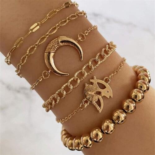 6 Pcs/Set Classic Bracelets Gold Color Beaded Geometric Moon Pendant Simple Chain Bangle Ladies Charm Beach Party Jewelry