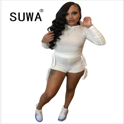 Loungewear Women Two Piece Outfits Spring Summer New Arrival 2021 Long Sleeve Sweatshirt Top Short Pants All White Matching Sets