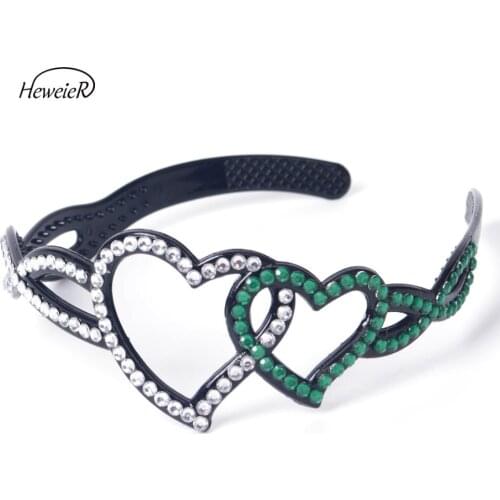 Women Lady Girl Plastic Green White Rhinestone Crystal Stones Hollow Heart-shape Headband Hair Clip Band Headwear Accessories