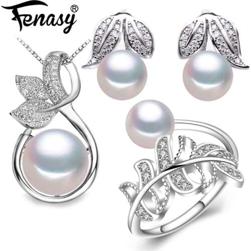 FENASY 925 Sterling Silver Pendant Necklace Natural Pearl Jewelry Sets For Women Bohemian Stud Earrings With Stones Party Rings