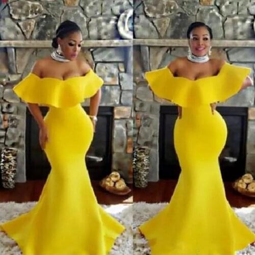 Plus Size Off Shoulder Prom Dresses 2021 Bright Yellow Mermaid Evening Gowns Saudi Arabia South African Women Formal Party Wear