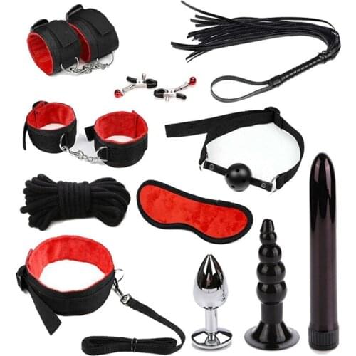 1 Set Sex Collar Handcuff Chain Slave Rope Bondage Butt Plug Whip Paddle Vibrator Kit Fetish SM Toys for Women Couple