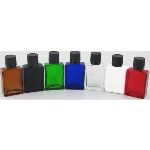 200 x 30ml 1oz Flat Square Glass Bottle With Black Tamper Evident Childproof Cap Blue Green Red Clear White Amber Black Color