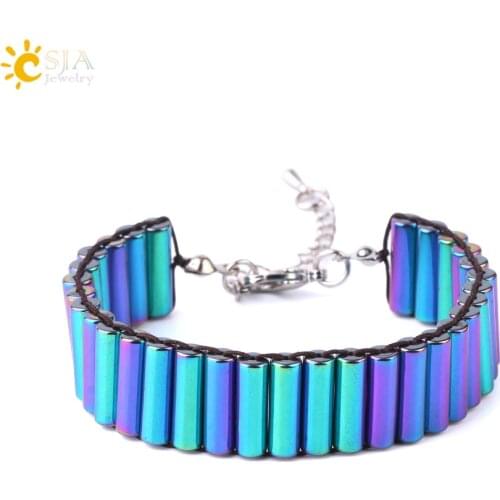 CSJA Columnar Natural Stones Hematite Wrap Bracelet Colorful Gold Color Tube Adjustable Men Women Bracelets Fashion Jewelry F742