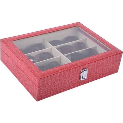 SZanbana Red 8-Slot Faux Leather Eyeglasses Storage and Sunglass Glasses Display Case Glasses Organizer Collector Jewelry Box