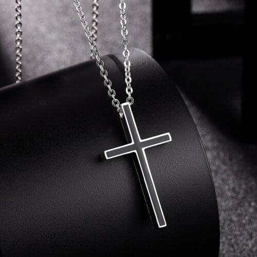 Black Simple cross Jesus pendant necklace for men Womens stainless steel sweater chain gift couple friend prayer jewelry chain