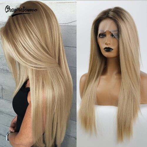 CharmSource Long Straight Wig Front Lace Synthetic Wigs Drown Ombre Blonde for Women Daily Hair High Density Heat Resistant