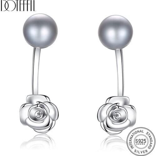 DOTEFFIL 8mm White/Gray Freshwater Pearl 925 Sterling Silver Rose Flower Earrings For Women Wedding Engagement Jewelry
