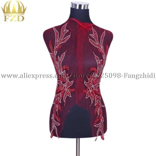 FZD 1 Pair Handmade Red Beaded Applique Silver Rhinestone Patches for Wedding Party Gown Dress DIY Bridal Applique With Gauze