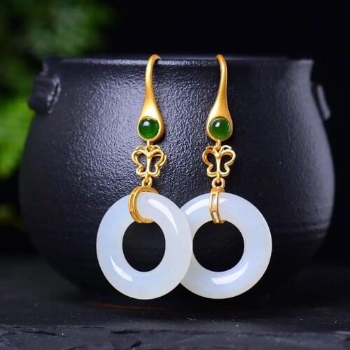 Natural Hetian Jade Safeness Ring Earrings S925 Sterling Silver Butterfly Jasper Embellished Earrings Ornament for Women