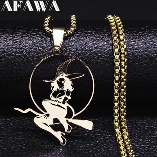Witchcraft Witch Stainless Steel Necklaces Women/Men Gold Color Necklaces Jewelry acero inoxidable joyeria mujer N4444S02