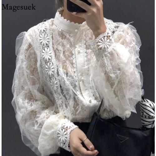Korean Lace Stitching Womens Shirts Retro Lace Stand Collar See-through Blouse Pearl Buckle Loose Long Sleeve Tops Blusas 13339