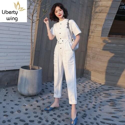 Summer New Solid White Cargo High Waist Straight Women Fashion Casual Sashes Short Sleeve Ladies Jumpsuits Hot