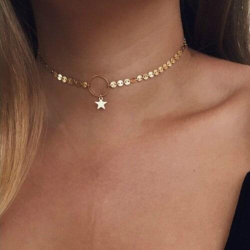 Summer Simple Style Women Sequined Clavicle Chain Gold/Silver Plated Star Necklaces & Pendants Bijoux Femme Collier Ras Du Cou