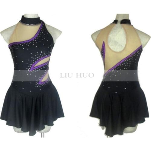 Figure Skating Dress Womens Girls' Ice Skating Dress Black High neckline Sleeveless style Purple edge decoration Fine drill