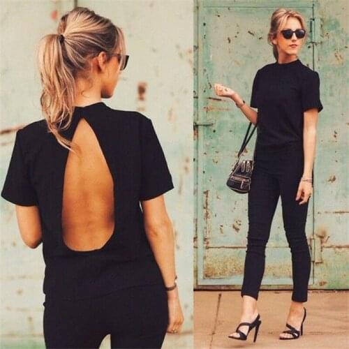 Fashion Women T-Shirt Casual Slim Tops Open Backless T Shirt Ladies Black Short Sleeve Loose Tees Summer Women Yoga Shirt Tops