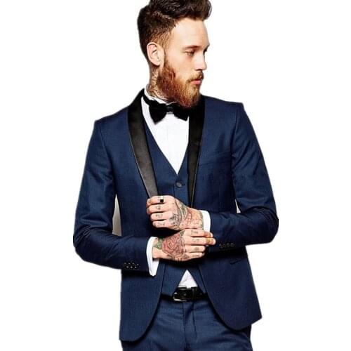 Fashionable One Button Navy Blue Groom Tuxedos Shawl Lapel Groomsmen Men Blazers 3 pieces Suits (Jacket+Pants+Vest+Tie) NO:267