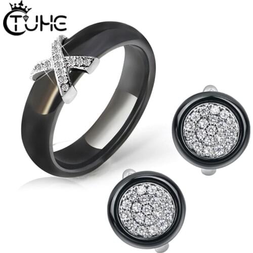 Fashion Jewelry Sets for Women X Cross Ceramic Rings And Circle CZ Crystal Stud Earings Female Wedding Jewelry Christmas Gift