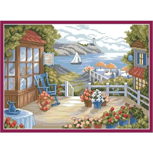 Seaside Scenery Cross Stitch Patterns Embroidery Kits Printed Fabric Needlework Packages 11CT 14CT Diy Sets Home Decor Paintings