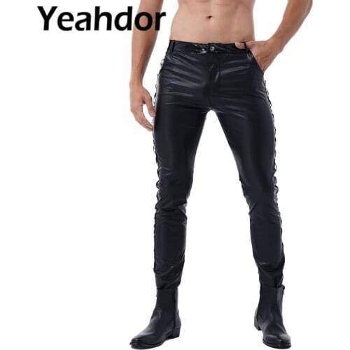Men Tight Long Pants Sexy Low Waist Faux Leather Shiny Pants Fashion Tight Trousers for Club Stage Show Rock Band Performance