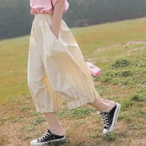 3-13 Years Girls Cotton Wide Leg Calf Length Pants Kids Elastic Waist Loose Casual Trouses Teens Children Summer Clothing 12 10