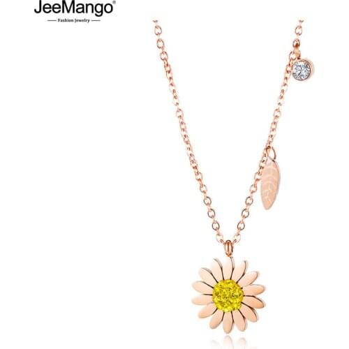 JeeMango Stainless Steel Delicate Small Daisy Pendant Necklace Rose Gold CZ Crystal Charm Choker Necklace For Women JN17090