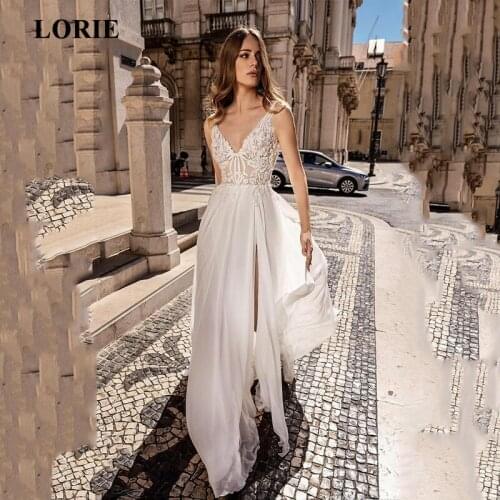 LORIE Lace Beach Wedding Dress 2019 A Line Side Split Top Lace Boho Bride Dresses Vestidos de novia Custom Made