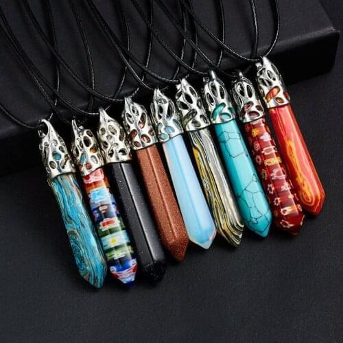 Hexagonal Column Natural Stone Pendant Necklace For Women Colorful Reiki Chakra Jewelry Kids Gift Leather Rope Chain Choker