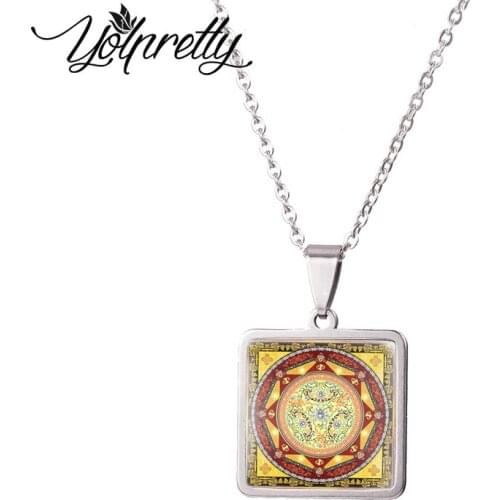 Tibetan Thangka Mandala Art Paintings Square Stainless Steel Necklace Glass Cabochon Pendants Necklace Jewelry