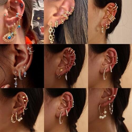 Vintage Pearl Rhinestone Temperament Earrings For Women 2021 Geometric Butterfly Evil Eye Clip on Stud Earrings Jewelry set