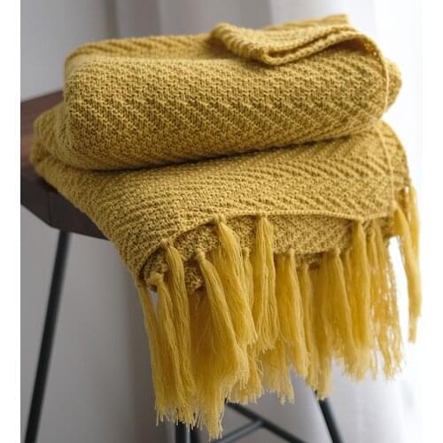 Yellow Tassles Blankets Sofa Knit Throw Blanket Mustard Soft Fringed Blanket Travel 130*170CM Home Sofa Chair Couch Bed Rugs