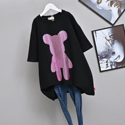 Mid-Length Cartoon Diamond Bear Short Sleeved T-shirt Women Plus Size Pullover Women Fashion All Match Top